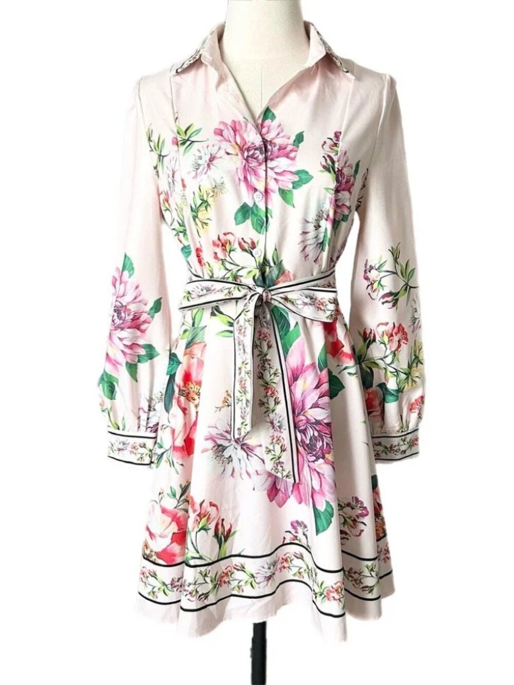 Dalia MacPhee Pink Floral Long Sleeve Button Front Shirt Dress Belted